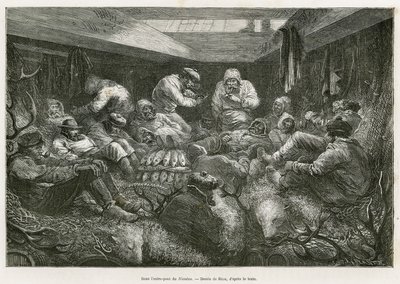 Perdidos y exhaustos de fatiga, la tripulación de la expedición es recogida por el barco pesquero ruso, el Nicholas, y termina el viaje en las bodegas del barco, apilados entre la carga de pescado y trofeos de caza (madera de ciervo, piel de oso polar). Gr de Edouard Riou
