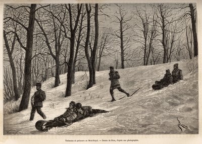 Trineos y patinadores en el plateau del Mont-Royal, cerca de Montreal, ilustración de la excursión a Canadá y el río Rojo del norte, por H. De Lamotte, en 1873, publicado en “Le tour du monde” 1875, editado por Edouard Charton de Edouard Riou