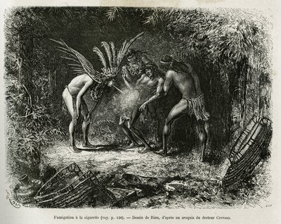 Fumigación médica con cigarrillos en los indios Roucouyan. Grabado por Riou, ilustración de la historia de Cayena a los Andes, por Jules Crevaux, médico de la marina francesa, en 1878-1879, publicado en el Tour du monde, bajo la dirección de Edouard Charto de Edouard Riou