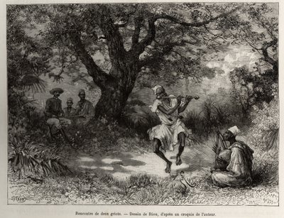 Encuentro con dos griots, el Capitán Binger, sentado a la sombra, disfruta del espectáculo. Ilustración de “From Niger to the Gulf of Guinee” por el Capitán Louis Gustave Binger (1856-1936), en 1887-1889, en Le tour du monde, nouveau journal des voyages de Edouard Riou