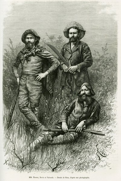 Miembros de la expedición: Sr. Thouar (acostado), Sr. Novis (de pie a la izquierda) y Sr. Valverde (de pie a la derecha). Grabado por Riou, para ilustrar la historia Viaje en el Chaco Boreal de Edouard Riou