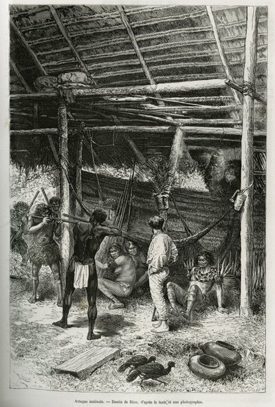 Ataque matutino a la cabaña del explorador por indios de las orillas del Amazonas. Ilustración de la historia de Cayena a los Andes, por Jules Crevaux, doctor de la marina francesa, en 1878-1879, publicado en Le tour du monde, bajo la dirección de Edouard  de Edouard Riou