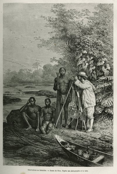Observación con teodolito, Dr. Crevaux con sus instrumentos de medición y su equipo de guías y porteadores, en plena sesión de trabajo, grabado después de un dibujo de Riou, ilustración de la historia De Cayena a los Andes, por Jules Crevaux, médico de la  de Edouard Riou