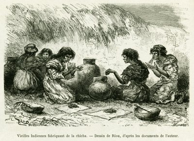 Mujeres indias mayores haciendo shisha. Ilustración de la historia Voyage dans le delta du Pilcomayo et de Buenos Aires a Sucre de Edouard Riou