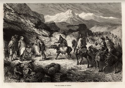 P.Marcoy encuentra a un amigo, que se convirtió en coronel de ingenieros y puesto en una cueva cerca del lago de Cailloma, juntos reciben la visita de los notables de la ciudad, grabado después de un dibujo de E.Riou, ilustrando el viaje en las montañas, e de Edouard Riou