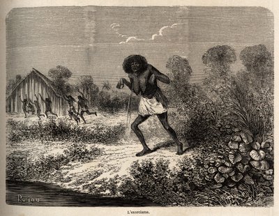 Pánico entre los indios Conibos, que huyeron a la llegada de la expedición de Paul Marcoy cerca de Tumbaya (Perú), quien a su vez fue víctima de una maldición por un viejo indio, dibujo de Riou para ilustrar el viaje, de 1848 a 1860, de P. Marcoy, del Océa de Edouard Riou