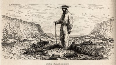 Paul Marcoy exhumando momias incas (Perú), grabado por E.Riou ilustrando el viaje en las montañas, el valle de Huarancalqui y las regiones de Pjonal, de 1862 a 1863, por Paul Marcoy, publicado en "Le tour du monde" 1875, editado por Edouard de Edouard Riou