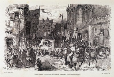 Felipe Augusto quería ofrecer a los parisinos el espectáculo de una salida triunfal. s.f. siglo XII de Edouard Riou