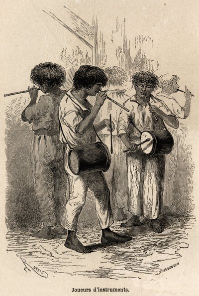 Músicos en Sarayacu (Perú), dibujo de Riou, para ilustrar el viaje de Paul Marcoy del Océano Pacífico al Océano Atlántico de 1848 a 1860. Grabado en “Le tour du monde”, editado por Edouard Charton de Edouard Riou