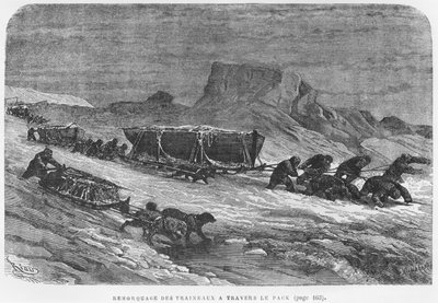 Arrastrando los trineos a través del hielo, ilustración de 