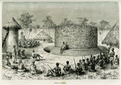 Recepción en Mkwewe, jefe de la tribu, con el narrador. Grabado de Riou para ilustrar la historia Los lagos de África ecuatorial, por Victor Giraud, alférez de barco, en 1883-1885, en Le Tour du monde 1886, bajo la dirección de Edouard Charton (1807-1890), de Edouard Riou