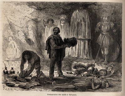 Restauración de estatuas de santos en Sarayacu (Perú), dibujo de Riou, para ilustrar el viaje de Paul Marcoy del Océano Pacífico al Océano Atlántico de 1848 a 1860. Grabado en 
