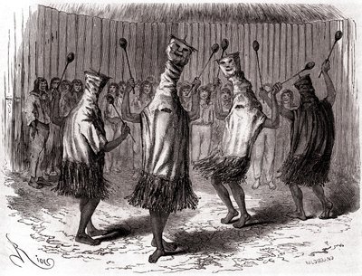 Danza ritual de los indios Ticuna de Perú con disfraces y máscaras de Edouard Riou