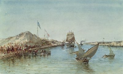 Embarcaciones en el Canal de Suez, de un álbum de recuerdos que conmemora el viaje de la emperatriz Eugenia (1826-1920) en la inauguración en 1869 de Edouard Riou