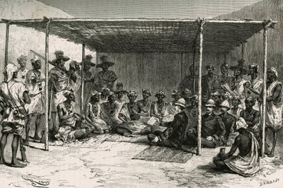 Firma del tratado que puso al país de Kita (antiguo Sudán francés, actual Malí) bajo el protectorado de Francia el 25 de abril de 1880 entre el Comandante Joseph Gallieni (1849-1916) y Tokontan Keita. Grabado por Riou, basado en un boceto del au de Edouard Riou