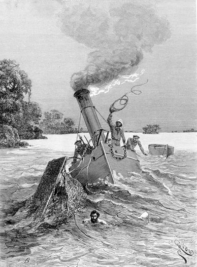 Hundimiento del barco de vapor. En “Viaje en el África Occidental” por Brazza de Edouard Riou