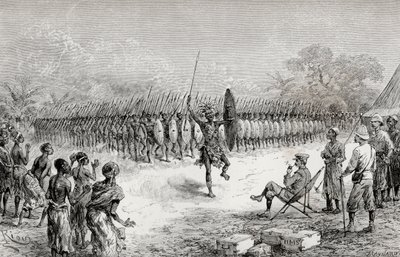Sir Henry Morton Stanley observando una danza falange por los guerreros de Mazamboni en Usiri, 1890 (grabado en madera) de Edouard Riou