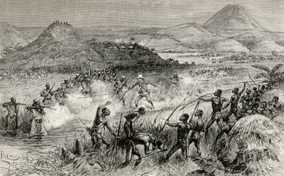 Primer encuentro de Sir Henry Morton Stanley con el pueblo Mazamboni, 1890 de Edouard Riou