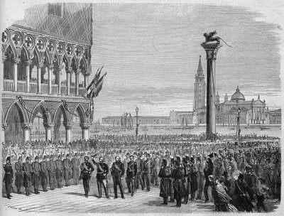 El rey de Italia Víctor Manuel II (Vittorio Emanuele) en Venecia en la Plaza de San Marcos. Después de la derrota de los austriacos en Sadowa, Venecia fue recuperada para el Reino de Italia en 1866. Grabado según un dibujo de Crepon y Riou. En “ de Edouard Riou