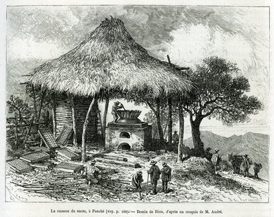 El horno de azúcar, en Panche (Colombia), dibujo de Riou, para ilustrar la historia de América Equinoccial (Colombia, Ecuador, Perú), en 1875-1876, por Ed. André, misión de viaje encargada por el gobierno francés. Grabado en Le tour du monde de Edouard Riou