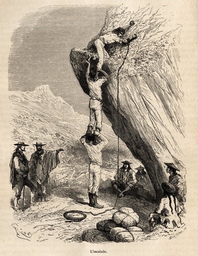 El ascenso de los picos de los Andes por la expedición Marcoy requiere los medios más acrobáticos: aquí, para escalar un pitón rocoso, los indios suben unos sobre los hombros de otros para alcanzar la cima, grabado por E. Riou ilustrando el viaje entre la  de Edouard Riou
