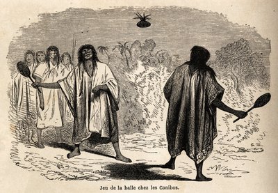 El juego de pelota, entre los indios conibos de Perú, dibujo de Riou para ilustrar el viaje, de 1848 a 1860, de P. Marcoy, del Océano Pacífico al Océano Atlántico. Grabado en 