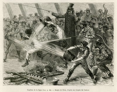 El bautismo de la línea, un marinero llevaba una vieja sotana y arengaba a los otros marineros de la tripulación, cada uno armado con un cubo de agua, que vertían sobre el musgo o el joven marinero que pasaba por primera vez la línea imaginaria del Ecuador de Edouard Riou