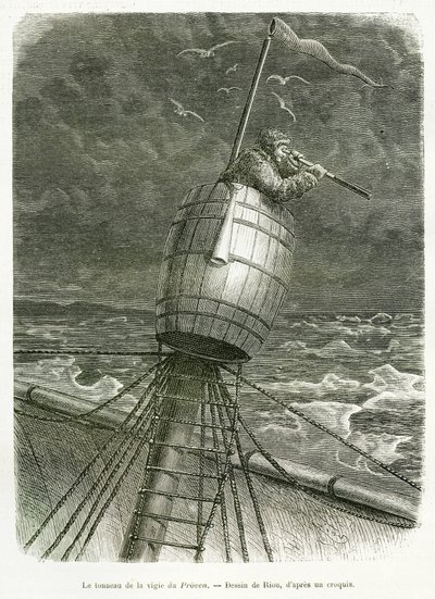 El barril de la guardia del barco Proven, dibujo de Riou, para ilustrar la historia del profesor Nils Adolf Erik (Eric) Barón Nordenskjold (Nordenskiold) (1832-1901): expedición polar sueca, en 1875. Grabado en Le tour du monde de Edouard Riou