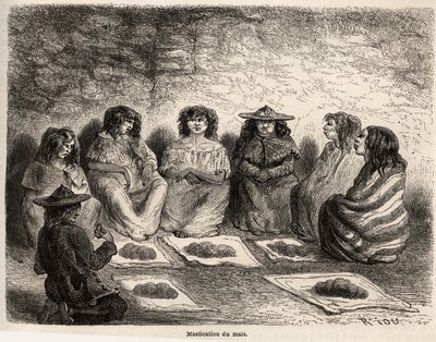 La masticación de gunapo, pero germina, para la fabricación de chicha en Comtapata, herencia de la técnica de fermentación de los antiguos indios aymaras del Alto Perú, dibujo de Riou, para ilustrar el viaje por América del Sur, de 1848 a 1860 por Pa de Edouard Riou