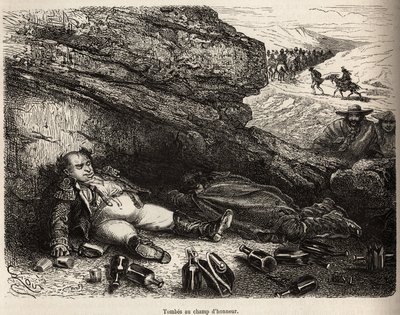 El coronel del genio y su ayudante de campo, borrachos después de la pequeña fiesta dada por los notables de Cailloma, se esconden detrás de las rocas, el narrador y su compañero de viaje, en el fondo, la tropa de notables regresa a casa, grabado por E.Rio de Edouard Riou