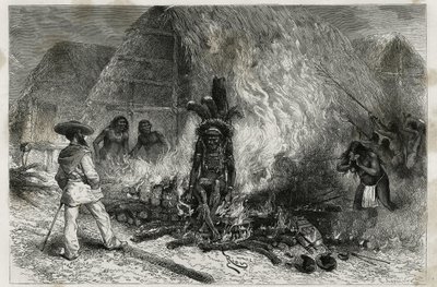 La cremación de un Roucouyenne (o wayana), tribu que vive a lo largo de los ríos Mana y Maroni, frente a la pira, Dr. Crevaux, grabado por Riou, ilustración del viaje de exploración en el interior de Guayana por el Dr. Jules Crevaux, médico de la marina fr de Edouard Riou