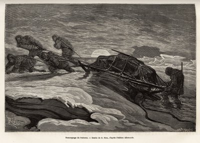 La tripulación del barco La Germania, descendida sobre el hielo para un juego de caza, procedió a remolcar su trineo sobre el hielo, mientras el sol se pone, grabado según el dibujo de E.Riou, ilustrando un viaje al Polo Norte en 1869-1870 por el capitán d de Edouard Riou