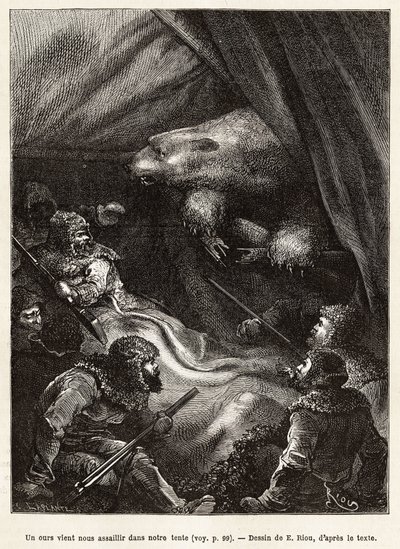La tripulación del barco La Germania, descendida sobre el hielo para una partida de caza, montó una tienda para acampar, que es visitada por un oso polar mientras los hombres estaban aprensivos para acostarse, grabado después del dibujo de E.Riou, ilustran de Edouard Riou
