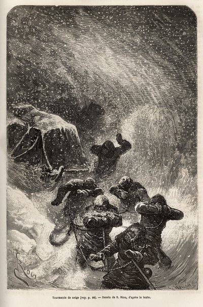 La tripulación del barco La Germania, descendida sobre el hielo para una partida de caza, fue sorprendida por una tormenta de nieve durante el remolque del trineo que contenía su material, grabado según el dibujo de E. Riou, ilustrando un viaje al Polo Nor de Edouard Riou