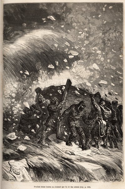 El bote de la tripulación atrapado en una terrible tempestad, los hombres sin cuerdas y garfios sostienen su bote con la fuerza de sus brazos, grabado después de un dibujo de E.Riou, ilustrando la historia del Polaris, balsa de hielo, por el Teniente Tyson de Edouard Riou