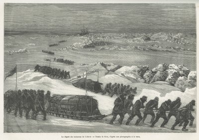 La partida de los trineos Alert, barco de la expedición polar, dibujo de Riou, para ilustrar la historia de un viaje al mar polar en 1875-1876, por el Capitán G.S.Nares. Grabado en Le tour du monde de Edouard Riou