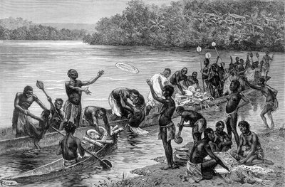 Las diferentes actividades de la tribu del pueblo de Adouma en África. En “Viaje en el África Occidental” por Brazza de Edouard Riou