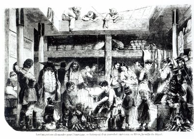 La víspera de la partida a América - Emigrantes alemanes partiendo hacia EE.UU. en la sección de tercera clase de un transatlántico americano en el puerto de Le Havre, c.1850 de Edouard Riou