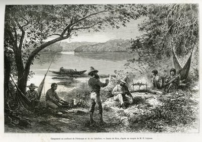 El campamento de los exploradores, en la confluencia del Orenoque y el río Cabullero. Grabado por Riou, para ilustrar el viaje de exploración por Nueva Granada y Venezuela, por el Doctor Crevaux, médico de primera clase de la marina y E. Lejeanne, farmacéu de Edouard Riou