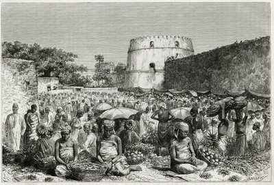 El mercado de frutas de Zanzíbar (Tanzania). Grabado de Riou, para ilustrar la historia "Viaje a Benadir, los Omalíes y el Bayoun" en 1882-1883, por M.G. Revoil. Publicado en Le Tour du monde, nuevo diario de viajes. de Edouard Riou