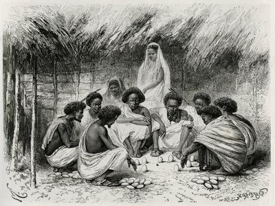 El juego de la copa, o juego de la mosca, frente a cada jugador su apuesta, aquí una berenjena en la arena, luego todos esperan en silencio a que una mosca se pose en un huevo y dibuje al ganador que gana todas las apuestas, en somalí (o somalíes). Grabado de Edouard Riou