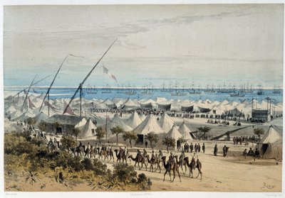 El puerto de Ismalia y el campamento de invitados en la inauguración del Canal de Suez - en "Through the Isthmus of Suez" por Riou, Marius Fontaine de Edouard Riou