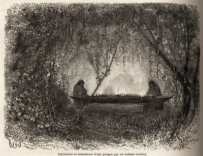 La fabricación de una canoa, evacuada por fuego, por los indios Conibo de Perú, dibujo de Riou para ilustrar el viaje, de 1848 a 1860, de P. Marcoy, del Océano Pacífico al Océano Atlántico. Grabado en "Le tour du monde", editado por Edouard Charton de Edouard Riou