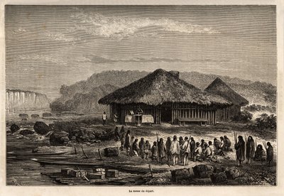 La misa de la partida en Echarati (Perú), asistida por los nativos convertidos, dibujo de Riou, ilustrando el viaje de Paul Marcoy del Océano Pacífico al Océano Atlántico de 1848 a 1860. Grabado en "Le tour du monde", editado por Edouard Charton de Edouard Riou