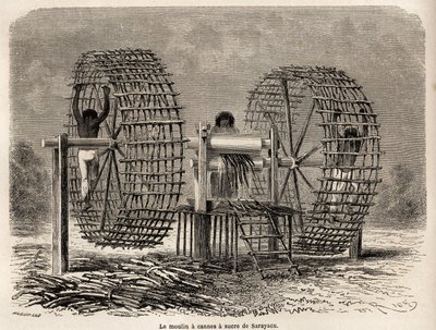 El molino para moler caña de azúcar de Sarayacu (Perú), dibujo de Riou, para ilustrar el viaje de Paul Marcoy del Océano Pacífico al Océano Atlántico de 1848 a 1860. Grabado en "Le tour du monde", editado por Edouard Charton de Edouard Riou