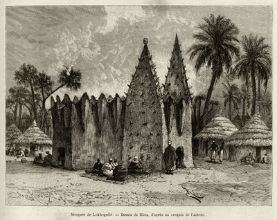 La mezquita de Lokhognile (Golfo de Guinea). Grabado de Riou, para ilustrar la historia Desde el Níger hasta el Golfo de Guinea por el Capitán Louis Gustave Binger (1856-1936), en 1887-1889, en Le tour du monde, nuevo diario de viajes, bajo la dirección de de Edouard Riou