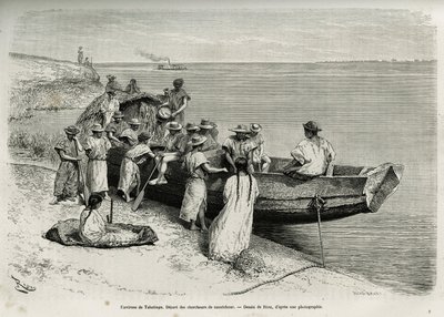 El inicio de los buscadores de caucho, en las cercanías de Tabatinga (región del alto Amazonas). Grabado por Riou, para ilustrar la historia de Cayena a los Andes, por Jules Crevaux, médico de la marina francesa, en 1878-1879, publicado en Le tour du monde de Edouard Riou