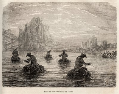 La pesca de suchi (pequeños peces marrones de la especie de bagre) en el lago de Villafro, cerca del pueblo de Cailloma, los indios con un califourchon en fardos de hierba atraen a los peces con trozos de carne, grabado por E. Riou ilustrando el viaje en l de Edouard Riou