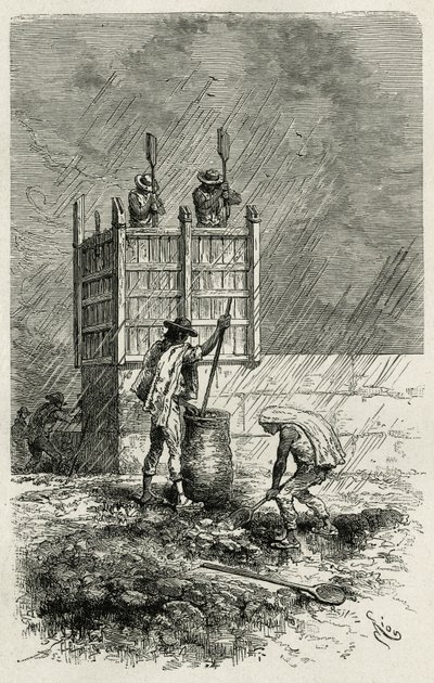 El tapial, una antigua técnica de construcción de paredes de arcilla usando un encofrado de madera, compactado por pisoteo y secado al sol, ilustración de la historia L