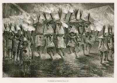 La caminata con antorchas por las calles de San José, dibujo de E.Riou, para ilustrar el viaje en la región de Titicaca y los valles del este del Bajo Perú, en 1873 por Paul Marcoy. Grabado en Le tour du monde de Edouard Riou